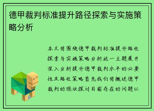 德甲裁判标准提升路径探索与实施策略分析