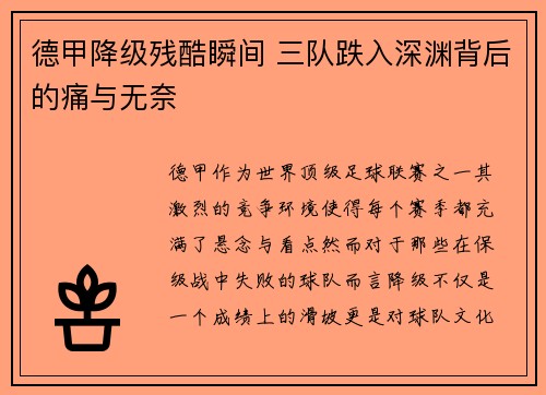 德甲降级残酷瞬间 三队跌入深渊背后的痛与无奈